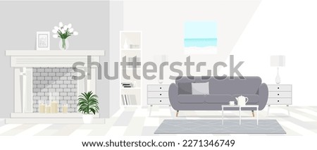 White table illustration on carpet in front of grey settee in apartment interior with painting and lamp. 