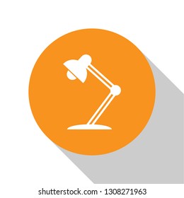 White Table lamp icon isolated on white background. Table office lamp. Orange circle button. Flat design. Vector Illustration