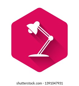 White Table lamp icon isolated with long shadow. Table office lamp. Pink hexagon button. Vector Illustration