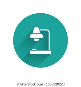 White Table lamp icon isolated with long shadow. Table office lamp. Green circle button. Vector Illustration