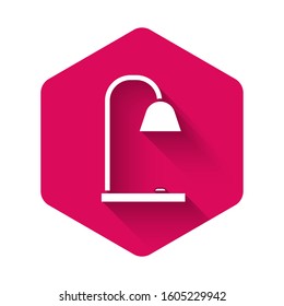 White Table lamp icon isolated with long shadow. Pink hexagon button. Vector Illustration