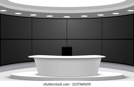 white table and lcd background in a news studio room - Shutterstock ID 2137469659