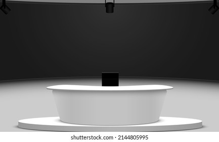 white table and lcd background in a news studio room