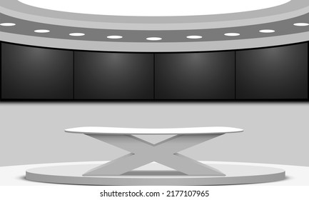 mesa blanca y fondo lcd en una sala de noticias