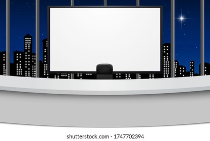 White Table And Lcd Tv In The News Studio Room With City In The Night Background