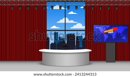 white table and led tv in the news studio room with city in background	