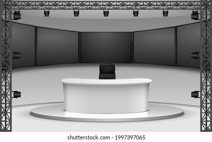 white table and leds background in a news studio room