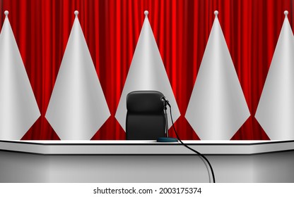 white table and microphone on the white flags background in the hall