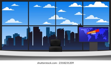mesa blanca en la sala del estudio de noticias con fondo de ciudad en la noche
