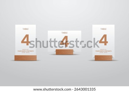 white Table Number 4 Card Mockup with Wooden Stand

