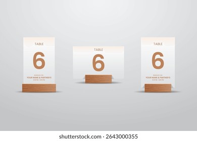 white Table Number 6 Card Mockup with Wooden Stand