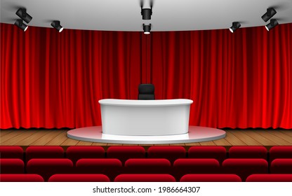 white table on the wooden stage in the hall 