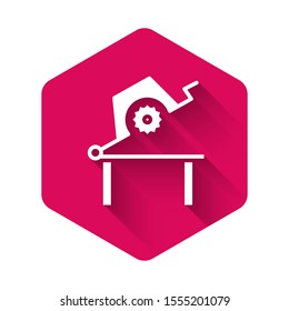 White Table saw for woodwork icon isolated with long shadow. Power saw bench. Pink hexagon button. Vector Illustration