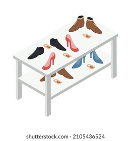 Tabla blanca con zapatos y botas a la venta en el mercadillo Icono isométrico Icono 3d ilustración vectorial