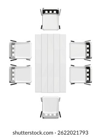 A white table with six chairs around it. The chairs are arranged in a circle around the table. Top view. 3D