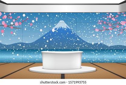 white table in the studio room with the snow fall at the fuji mountain background