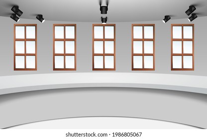 white table with wooden windows background in the news studio room