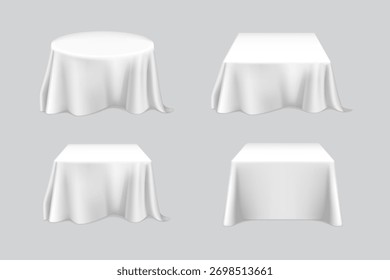Mockup Set Mantel Blanco – Mesa Realista con Cubierta de Tela sobre Fondo Gris