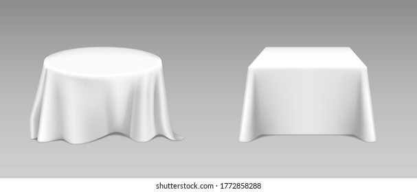 White tablecloth on square and round tables. Vector realistic mockup of empty dining desk with blank linen cloth with drapes for banquet restaurant, holiday event or dinner. Template with fabric cover