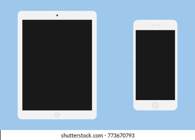 White tabled tablet and white smart phone with black screen on blue background vector eps10. smart phone and tabled set vector eps10.