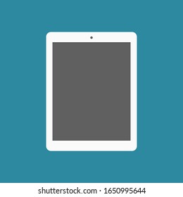 white tablet computer with blank dark screen isolated on blue background. vector illustration