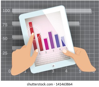 White tablet computer. with business applications on screens and hand. Vector illustration
