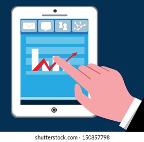 White tablet computer. with business applications on screens and hand. Vector illustration