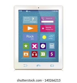 White tablet computer with color icons on display isolated on white background