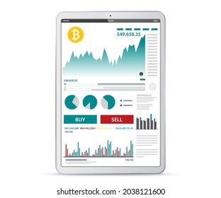 Computadora de tableta blanca con la pantalla de aplicación de operaciones y finanzas en línea de moneda criptográfica. plantilla de diseño de interfaz de usuario para fondo de tema blanco.