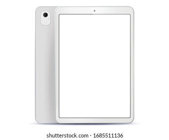 Vista frontal y posterior del equipo Tablet PC blanco. Ilustración vectorial con pantalla blanca.