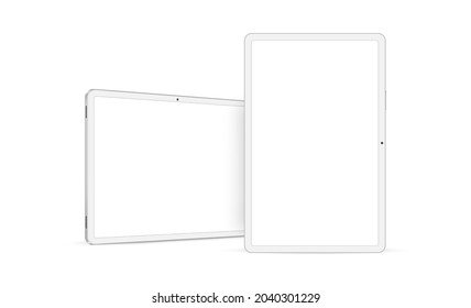 White Tablet Computer Horizontal and Vertical Mockup with Front, Side Perspective View. Vector Illustration