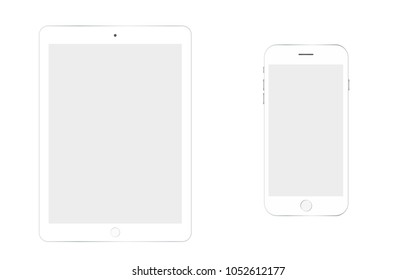 White Tablet computer and smartphone set vector eps10. Tablet and  smartphone  set isolated icon.  White color top view smartphone and tablet computer set.