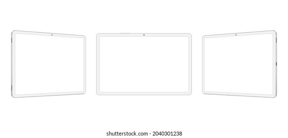 White Tablet Computers Mockups with Blank Horizontal Screens, Front and Side View, Isolated on White Background. Vector Illustration