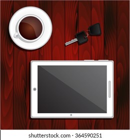 White tablet, a cup of black coffee and car keys on dark brown wooden table top