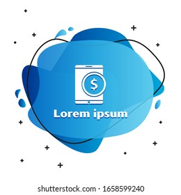 Comprimido blanco con icono de símbolo dólar aislado en fondo blanco.Concepto de compras en línea. Teléfono móvil financiero. Pago en línea. Pancarta abstracta con formas líquidas.  Ilustración vectorial