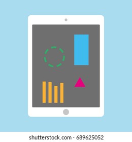 White Tablet with graph and figures on blue background. tablet vector eps10. Front view tablet white clock with charts on grey screen.