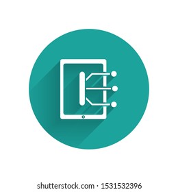 White Tablet icon isolated with long shadow. Green circle button. Vector Illustration