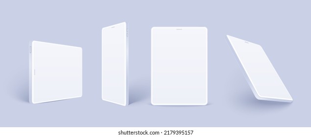 White Tablet Mockup Isolated With Shadow. 3D Clay Pad Template Set In Different Angles, Vertical And Horizontal Tablet With Blank Screen. Realistic Ebook Concept For Web Design Or Ux App.