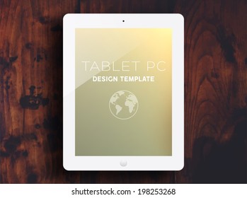White Tablet PC with Blurred Background. Vintage Wood Texture. Vector.