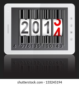 White tablet PC computer with 2014 New Year counter, barcode isolated on black background. Vector  illustration.
