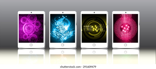 white Tablet pc on graphics digital screen. Technology background for computer graphic website internet and business. infographics. ipad. circuit. many, various, Multiplicity