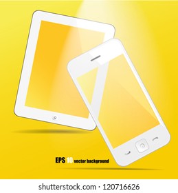 White tablet pc and smart phone on yellow background, vector eps 10.