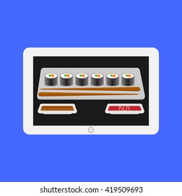 White tablet with sushi and soy sauce on the screen on a blue background. The concept of delivery, online shop. Vector illustration