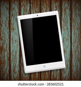 White tablet. Wooden old table. Stock Vector.