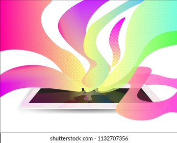 White tablet/smartphone with colorful streams of data flowing from it. Data explosion. Vector eps10. 