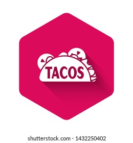 White Taco with tortilla icon isolated with long shadow. Traditional mexican fast food. Pink hexagon button. Vector Illustration
