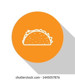 White Taco with tortilla icon isolated on white background. Traditional mexican fast food. Orange circle button. Vector Illustration