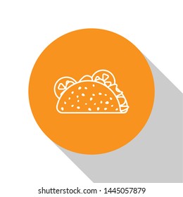 White Taco with tortilla icon isolated on white background. Traditional mexican fast food. Orange circle button. Vector Illustration