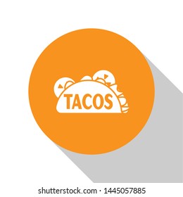 White Taco with tortilla icon isolated on white background. Traditional mexican fast food. Orange circle button. Vector Illustration