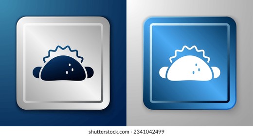 White Taco with tortilla icon isolated on blue and grey background. Traditional mexican fast food menu. Silver and blue square button. Vector